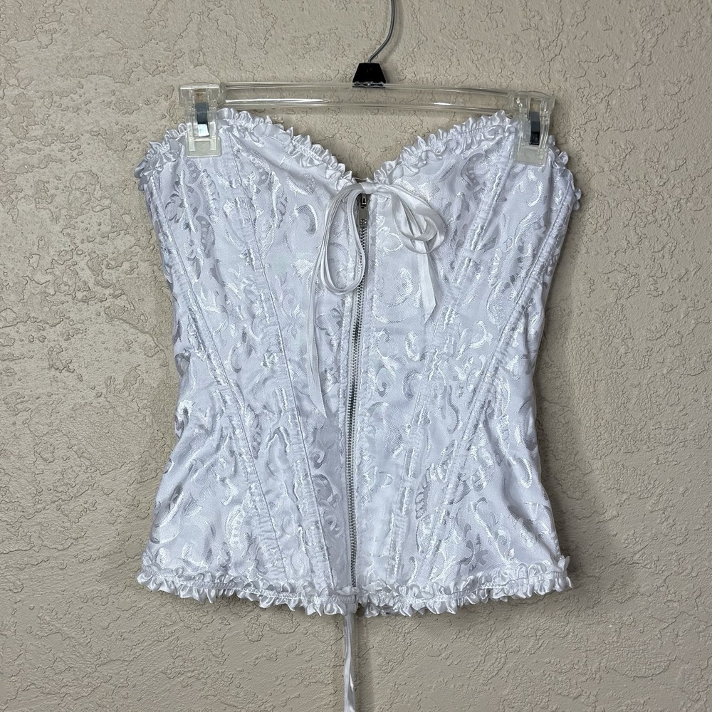 Women's Satin Bustier Corset Top White Lace-Up Back Zip Front Burlesque Fairy